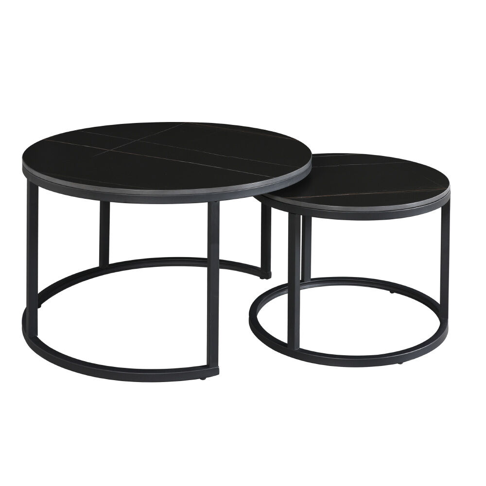 Salontafel Naxos zwart Ø68 cm, set van 2, met marmerlook blad en zwart metalen frame