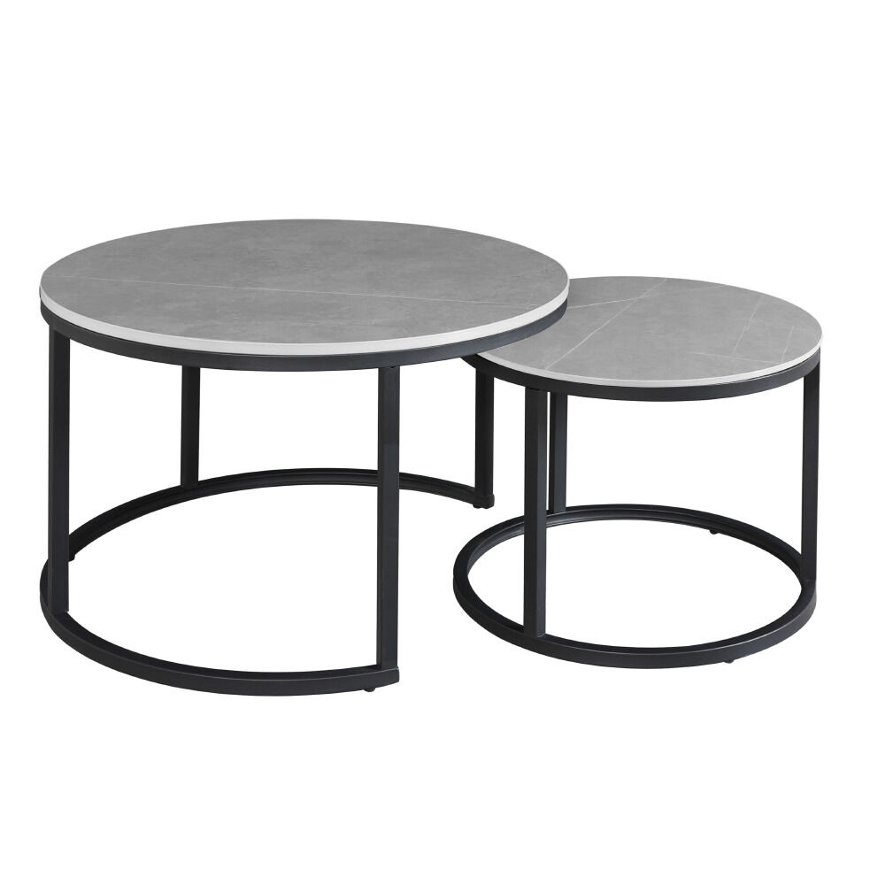 Salontafel Grausano grijs Ø68 cm, set van 2 met marmerlook blad en zwart metalen frame