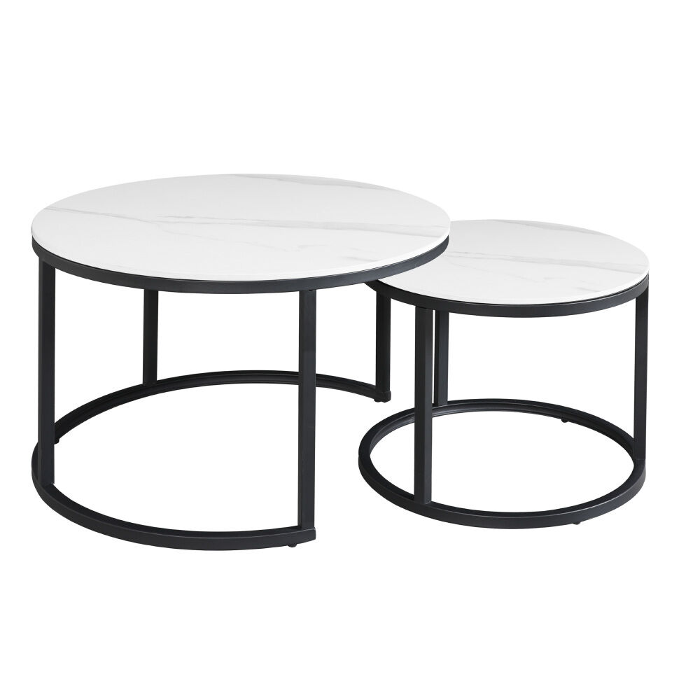 Salontafel Todes Wit Ø68 cm set van 2 met marmerlook blad en zwart metalen frame