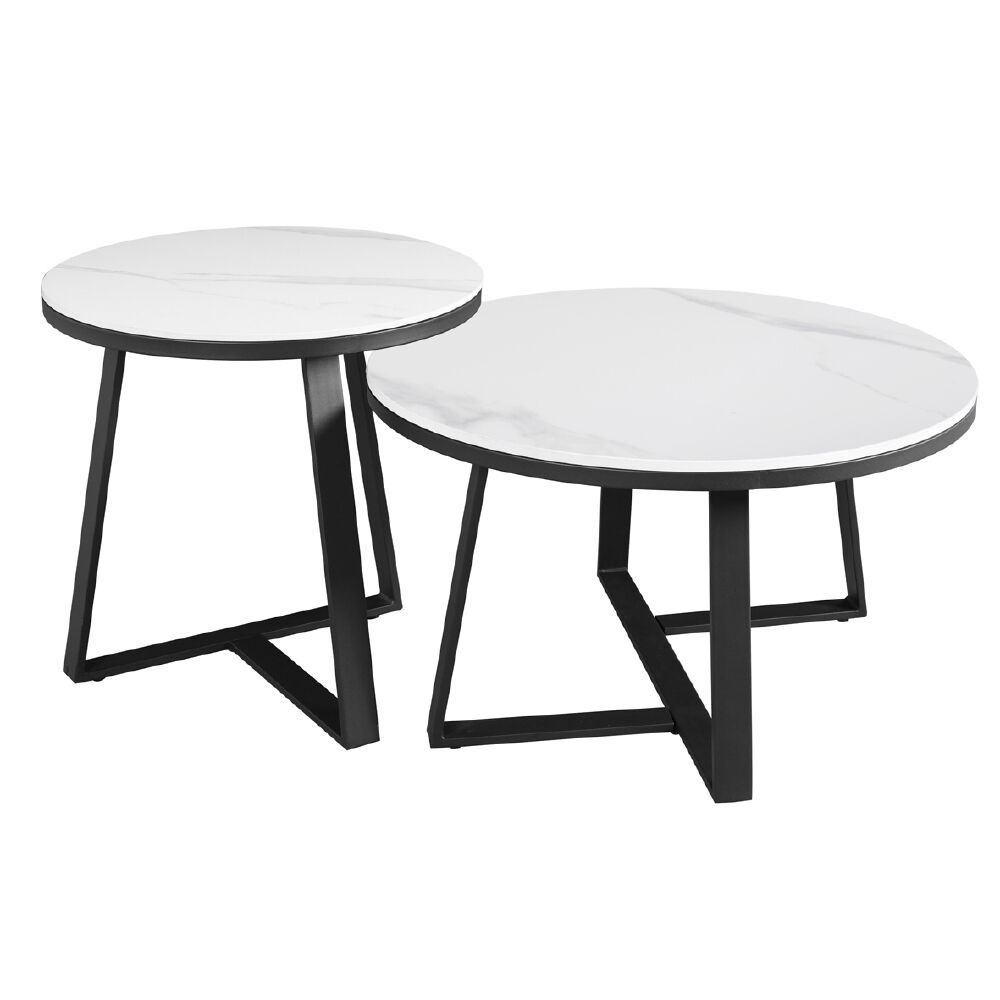 Salontafel Goordu Wit set van 2, witte marmerlook bladen en zwart metalen onderstel