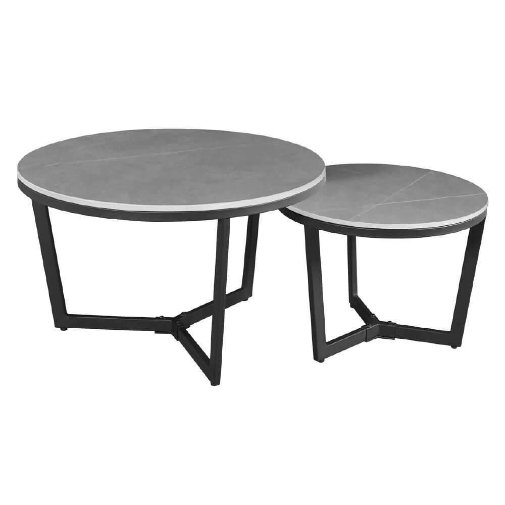 Salontafel Skoommes Grijs set van 2 met marmerlook blad en zwart metalen onderstel
