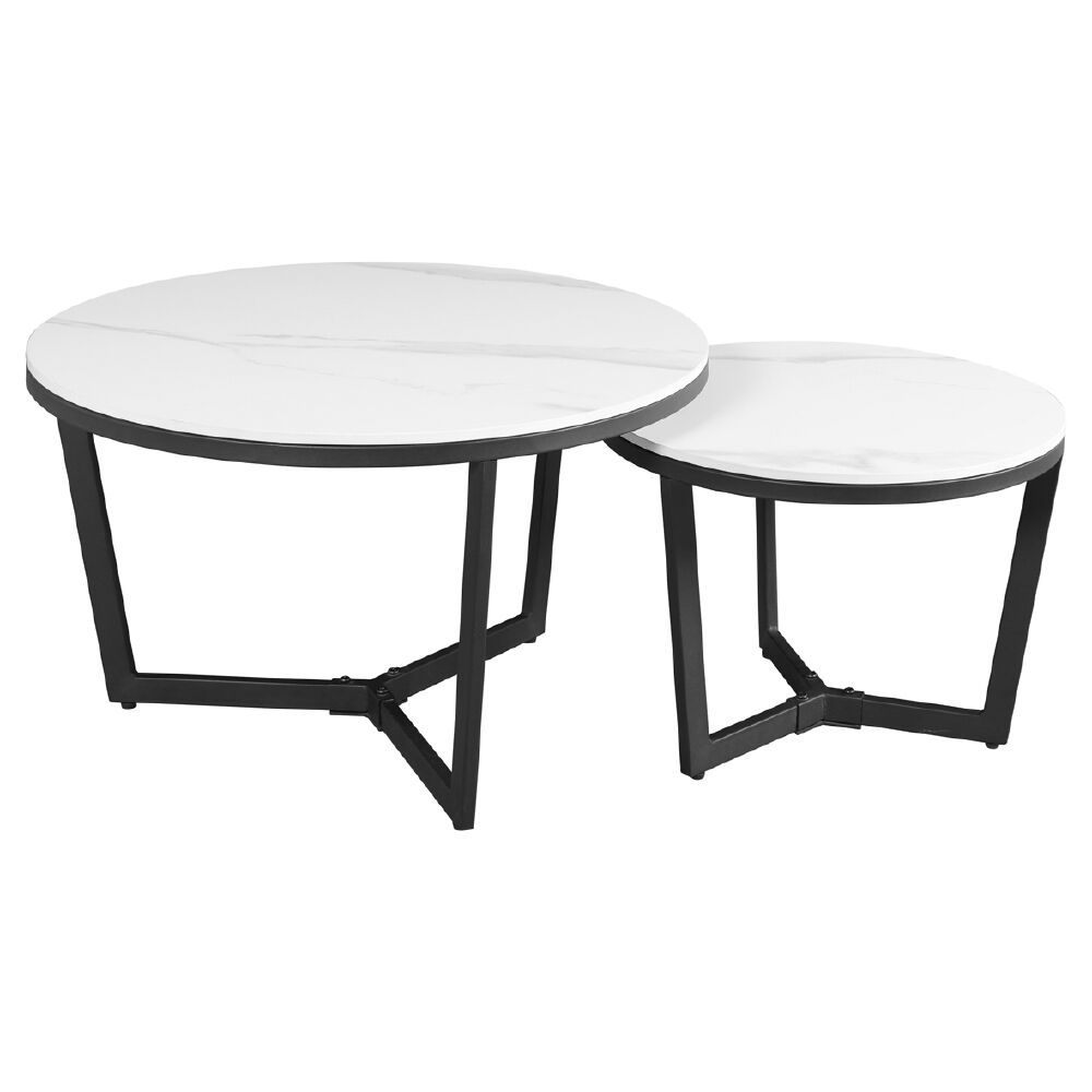 Salontafelset Brady wit Ø68,5 cm met marmerlook sintered stone blad en zwart metalen onderstel