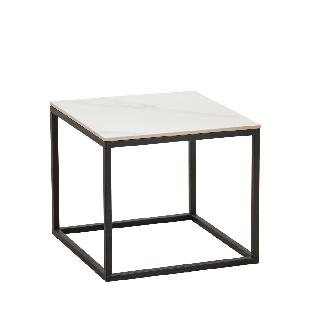 Salontafel Trabes Wit met marmerlook blad en zwart industrieel frame, krasvast sintered stone