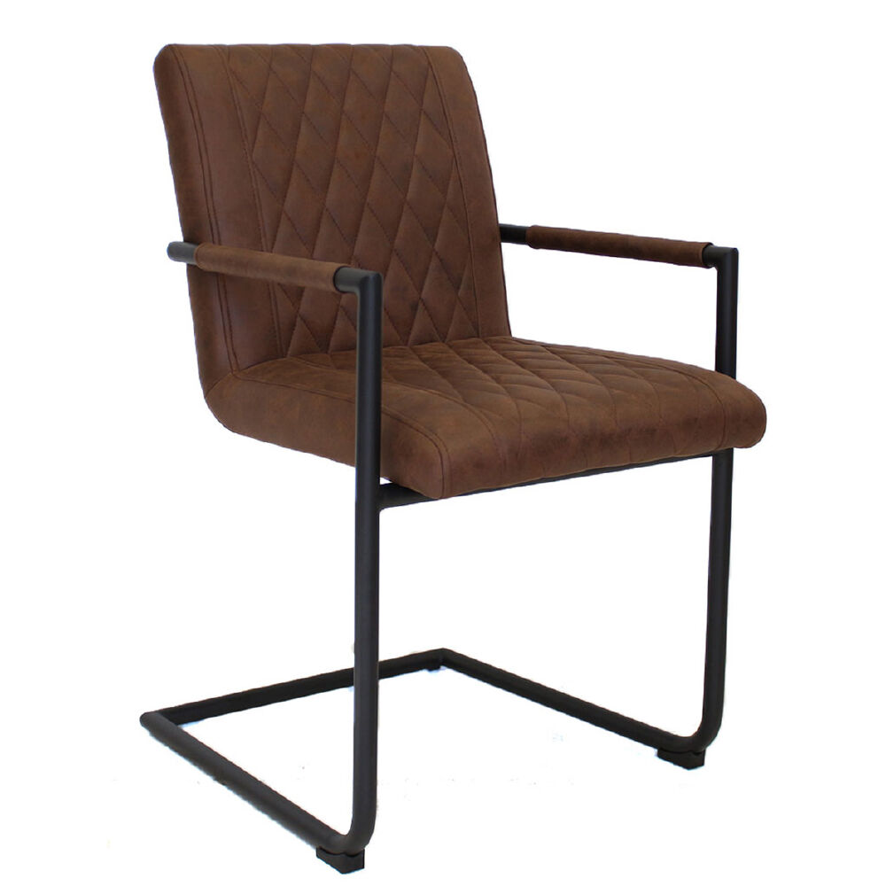 Stoel Baares Bruin met ruitpatroon, bruine microvezelzitting en zwart stalen frame