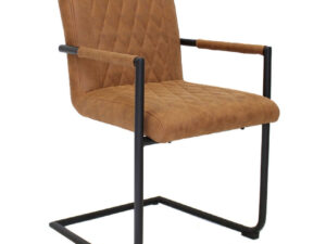 Stoel Saunsor Cognac, industriële eetkamerstoel met ruitpatroon, microvezelbekleding en zwart stalen frame