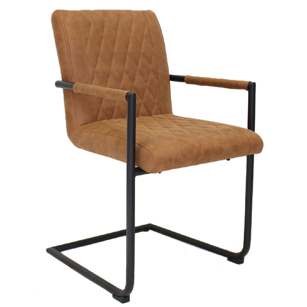 Stoel Saunsor Cognac, industriële eetkamerstoel met ruitpatroon, microvezelbekleding en zwart stalen frame