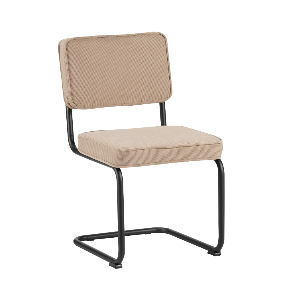 Stoel Helios Bruin met bruine ribstof en zwart buisframe, stijlvolle eetkamerstoel met comfortabel zitvlak