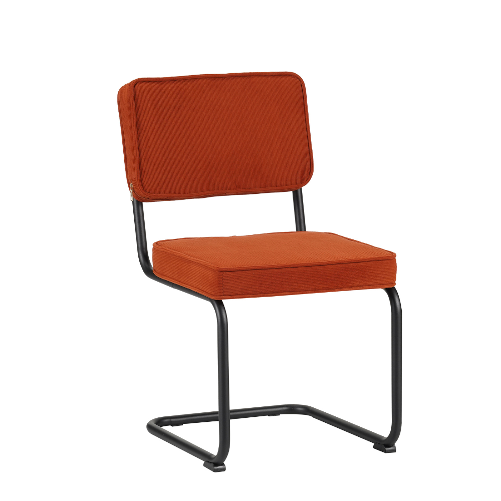 Stoel Slanis Koper eetkamerstoel met ribstof, koperkleurige bekleding en zwart gepoedercoat buisframe