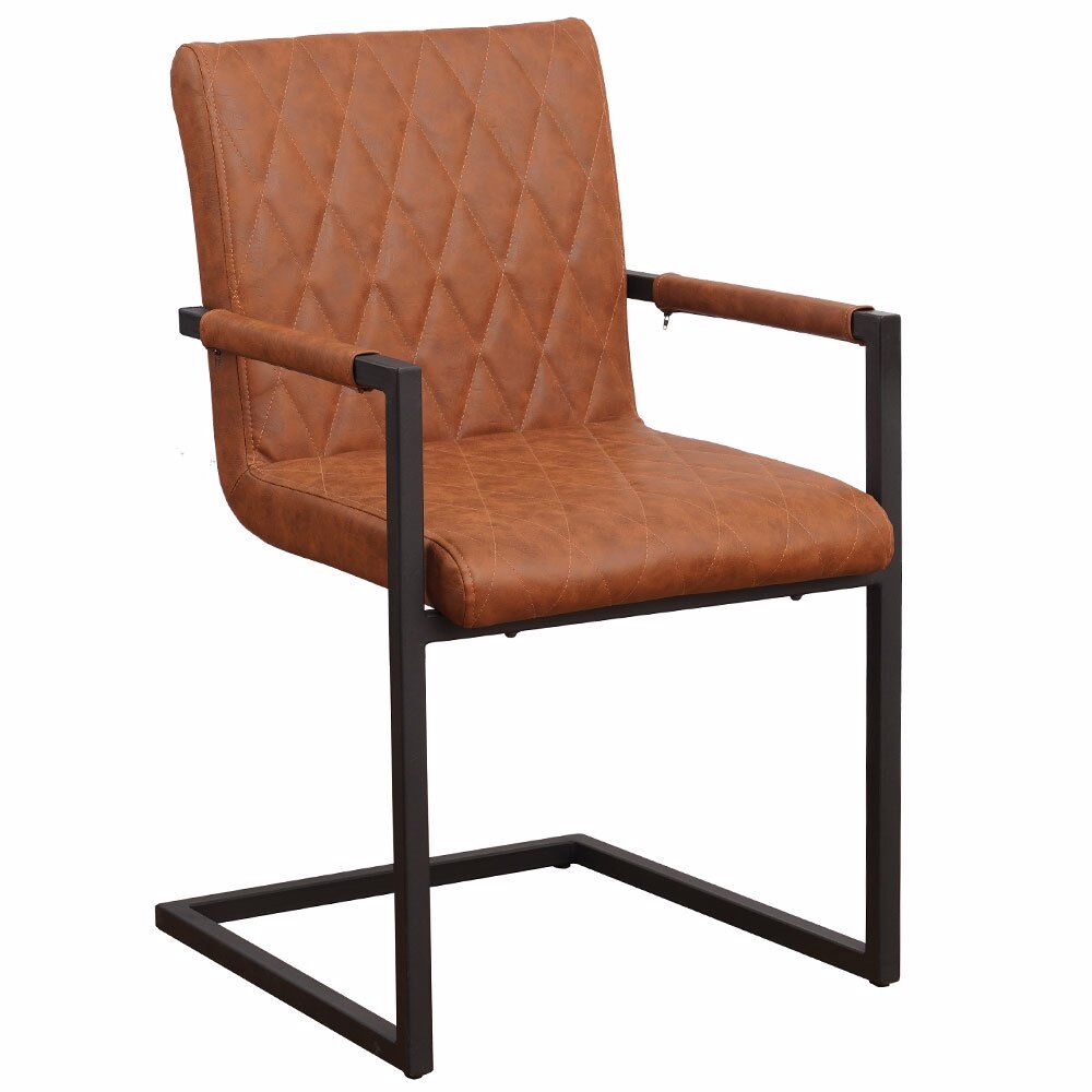 Stoel Jostira Cognac, cognackleurige eetkamerstoel met ruitstiksels, armleuningen en zwart stalen frame