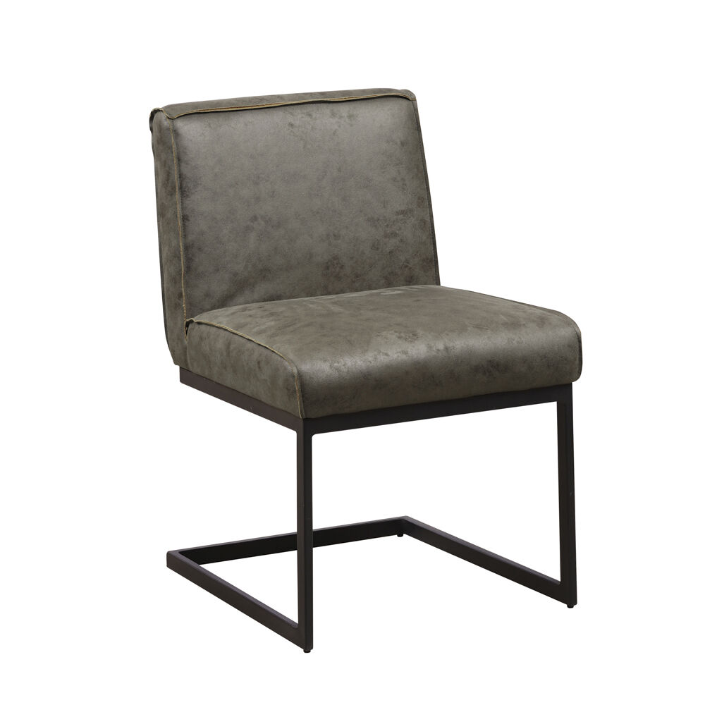 Stoel Nathan groen met dikke zitting, stevige rugleuning en zwart sledeframe, industrieel design