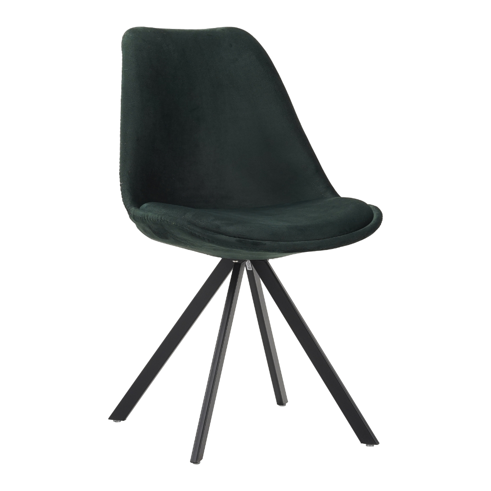 Stoel Stientis Groen, groene velvet eetkamerstoel met zwart gepoedercoat stalen frame