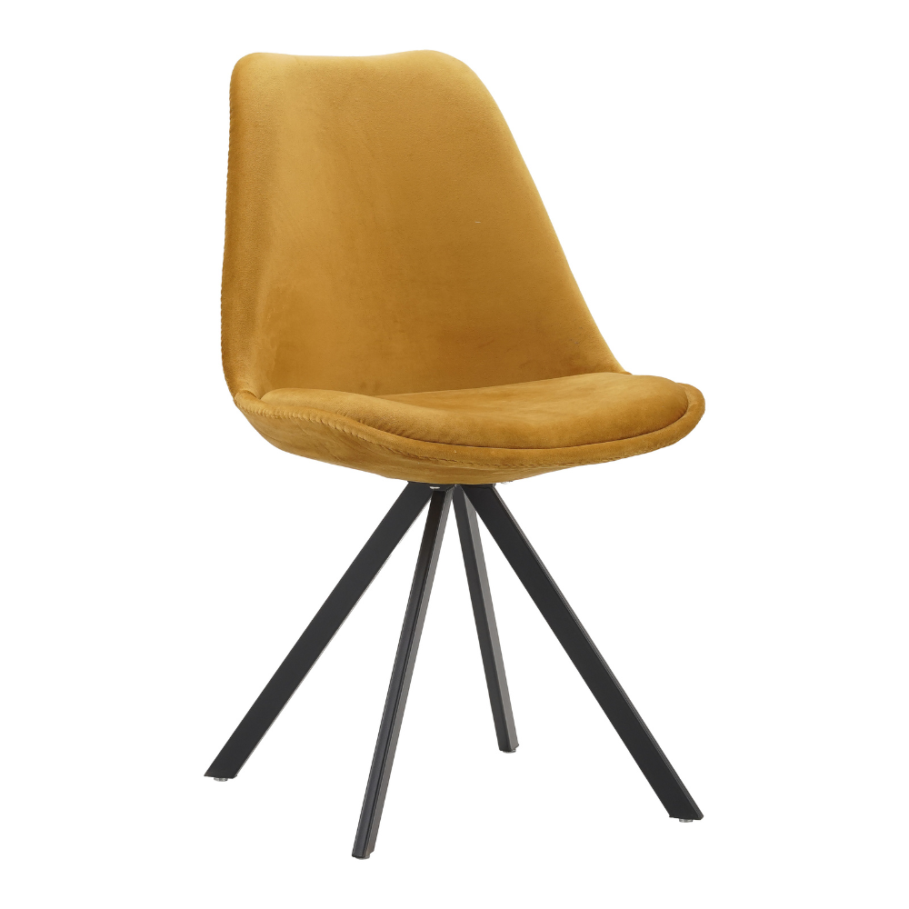 Stoel Meenu Geel met geel velvet en zwart stalen frame, moderne draaibare eetkamerstoel