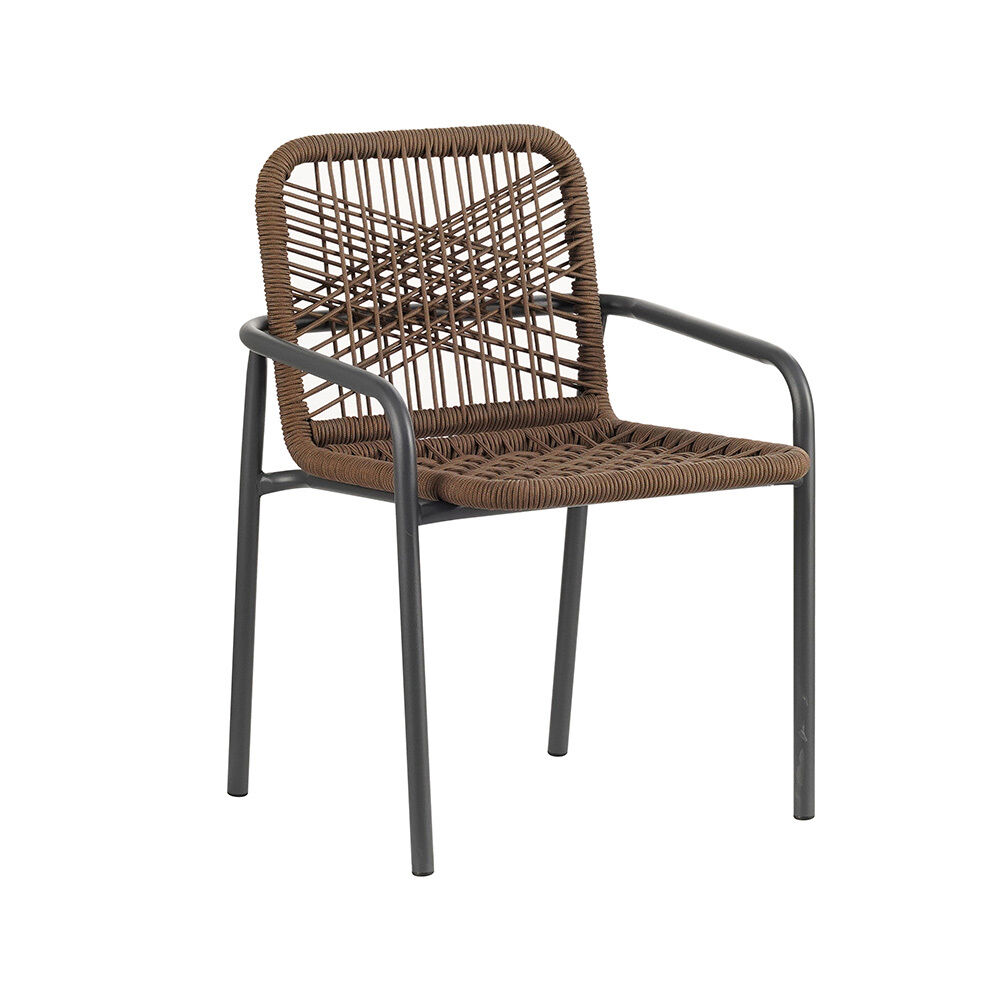 Tuinstoel Diemmora antraciet met bruin gevlochten touw, metalen frame en armleuningen voor terrasgebruik