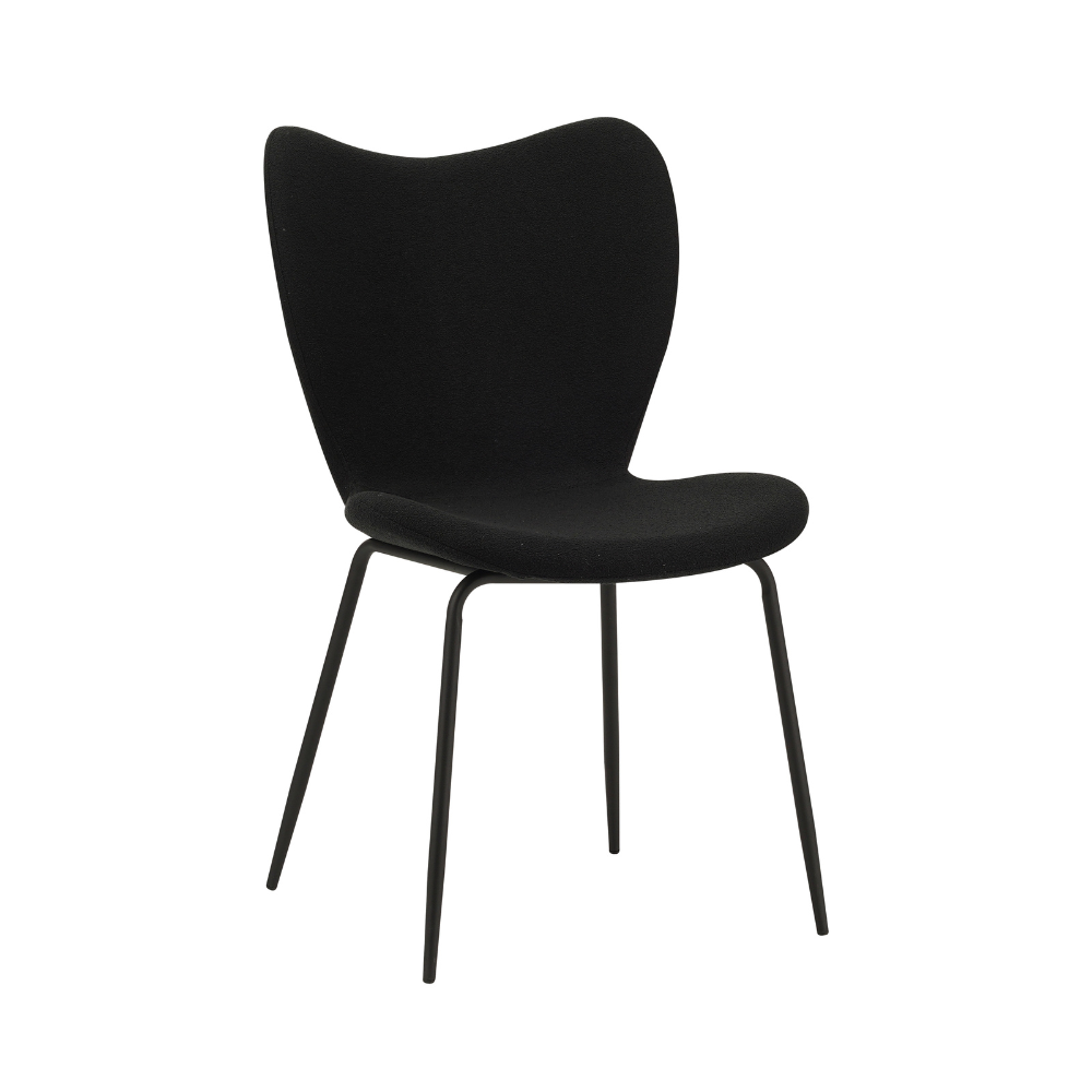 Stoel Feerund Zwart met bouclé bekleding en zwart metalen onderstel, elegant vlinderstoel-design