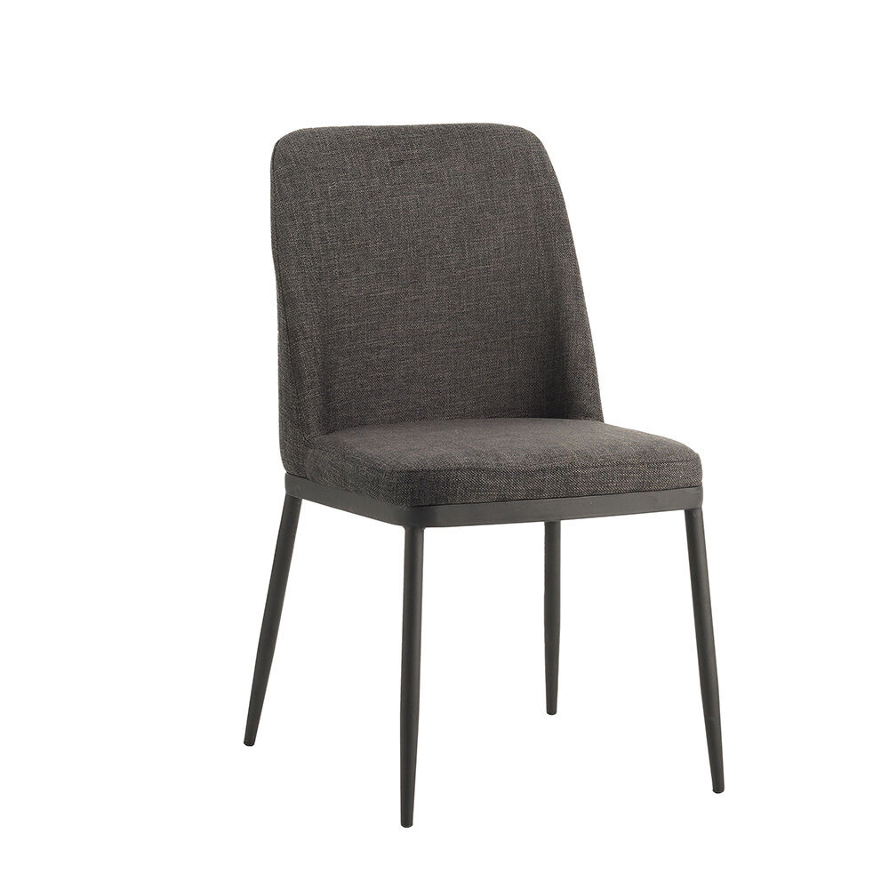 Stoel Steeskos Antraciet met hoge rugleuning, grof geweven stof en slanke zwarte poten