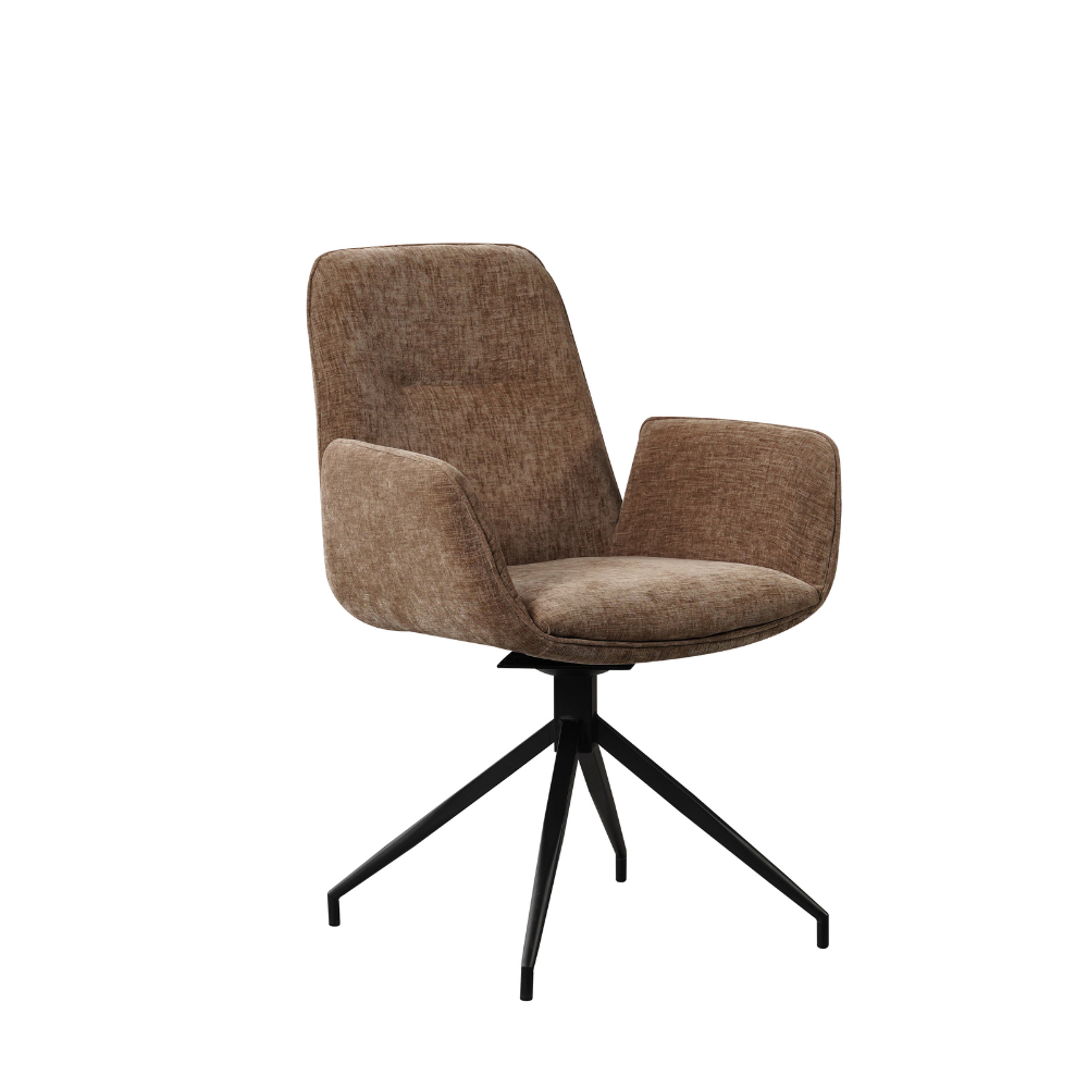 Stoel Mauvoro Taupe draaistoel met chenille bekleding, hoge rug, armleuningen en zwart kruispootonderstel