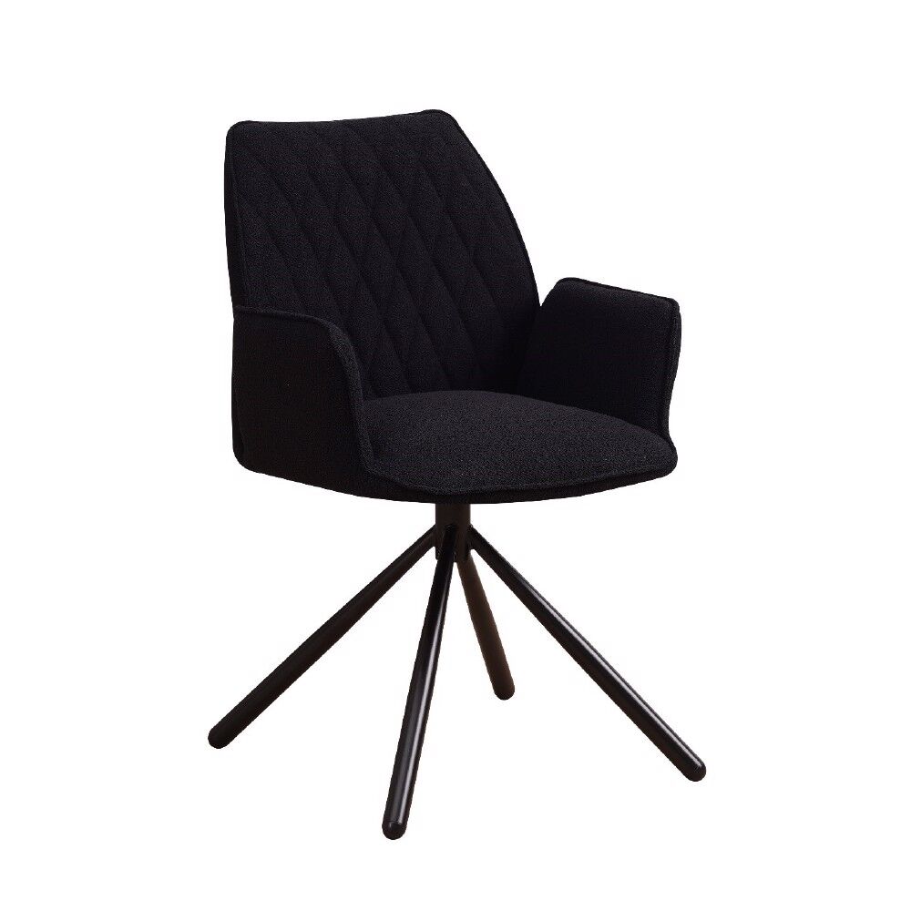 Stoel Nullol zwart met boucléstof, armleuningen en zwart spinnenpootframe, modern draaibaar design