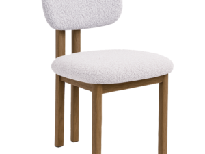 Stoel Nantero Eiken Ivoor met beige bouclé zitting, afgeronde rugleuning en eikenhoutlook frame