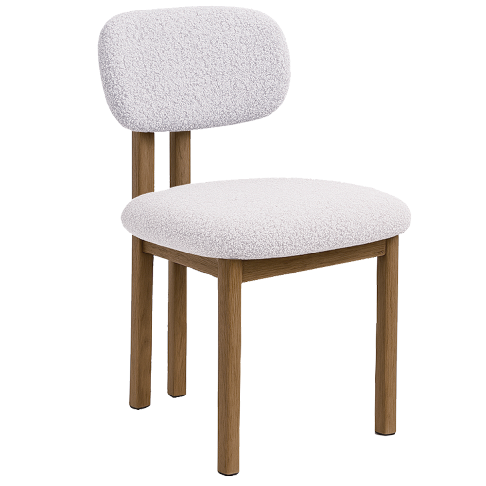 Stoel Nantero Eiken Ivoor met beige bouclé zitting, afgeronde rugleuning en eikenhoutlook frame