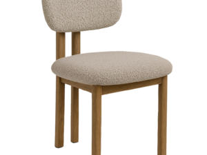 Stoel Nesas Eiken Zand met zandkleurige bouclé, houten frame en comfortabele rugleuning