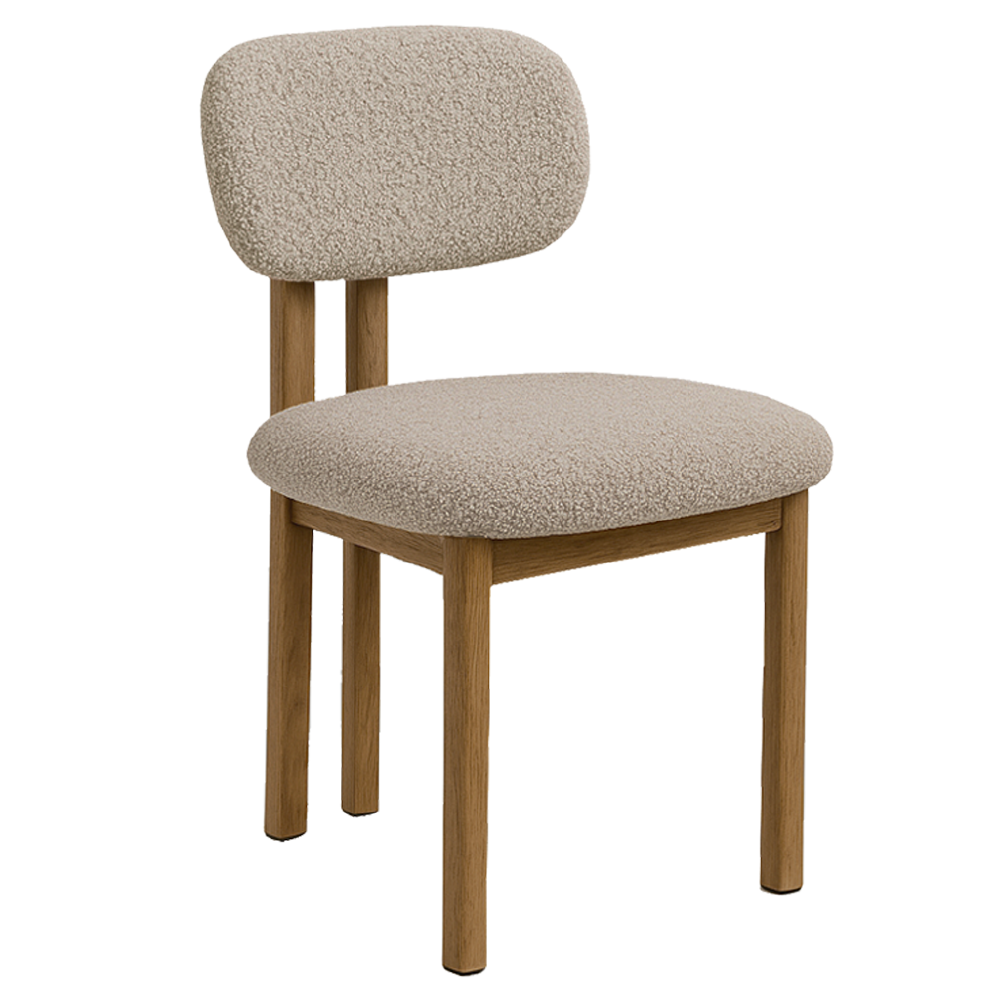 Stoel Nesas Eiken Zand met zandkleurige bouclé, houten frame en comfortabele rugleuning
