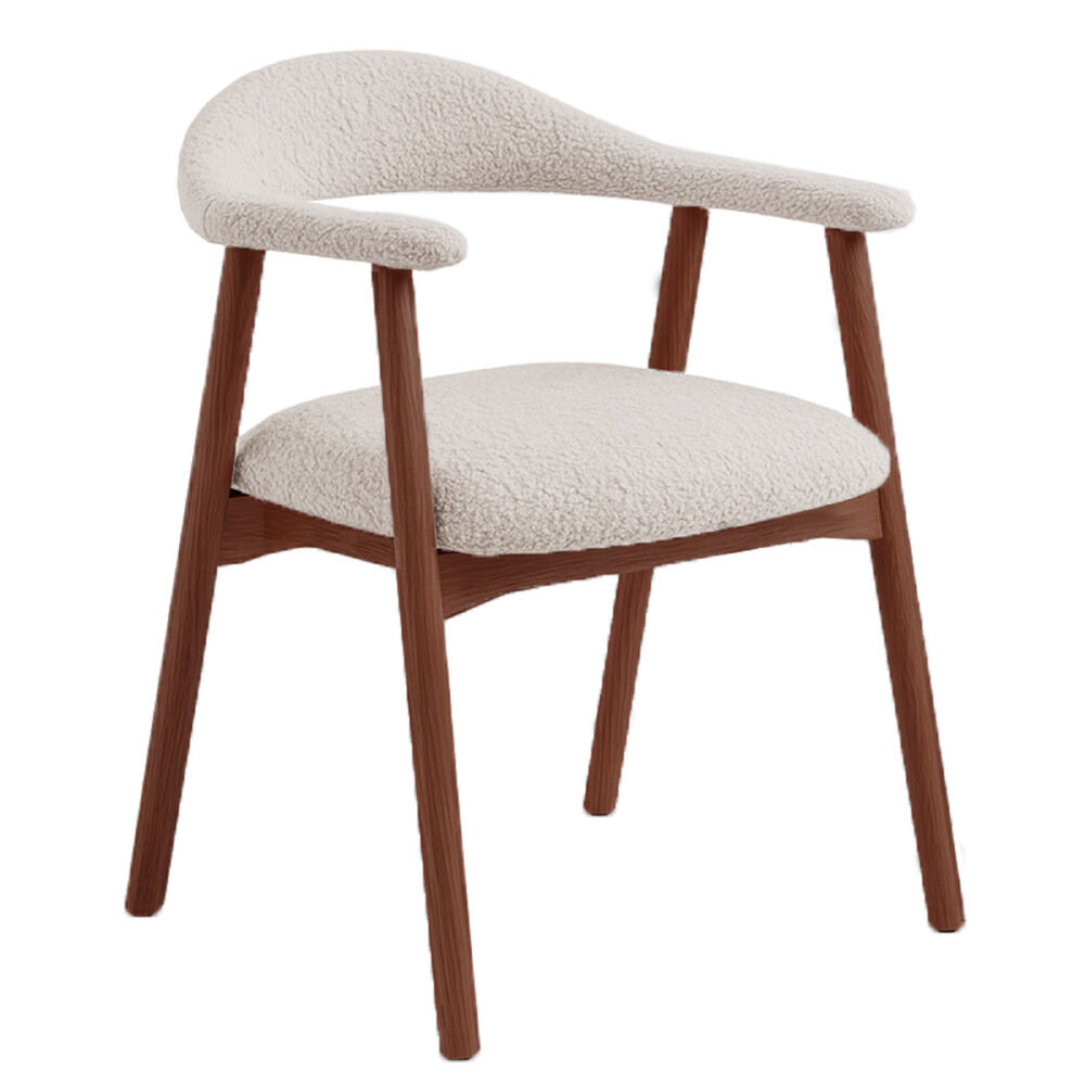 Stoel Tuller Walnoot Ivoor met ivoorkleurige bouclé bekleding, ronde vormen en walnootkleurig frame