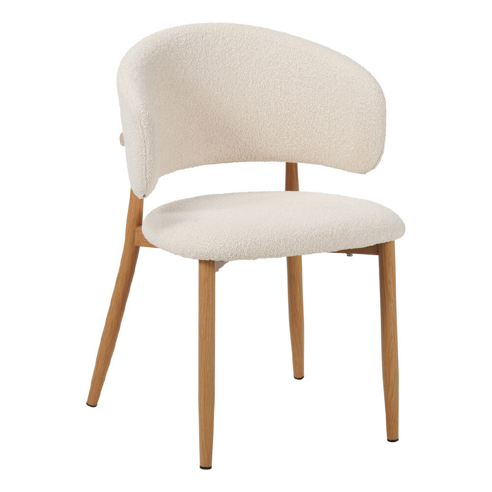 Stoel Nubol Eiken Ivoor met beige bouclé, afgeronde rug en eikenhoutlook poten