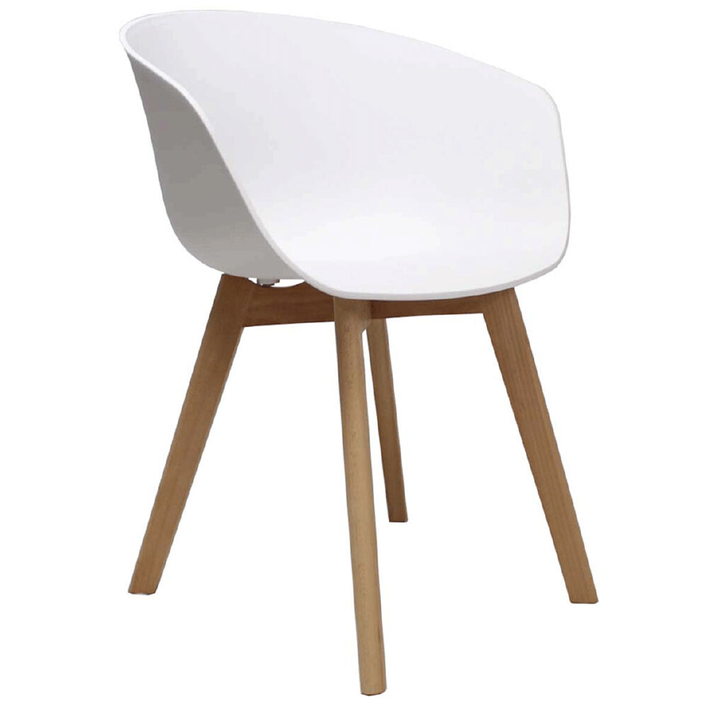 Stoel Nirrella Wit met witte kuipzitting en massief beuken onderstel in Scandinavische stijl