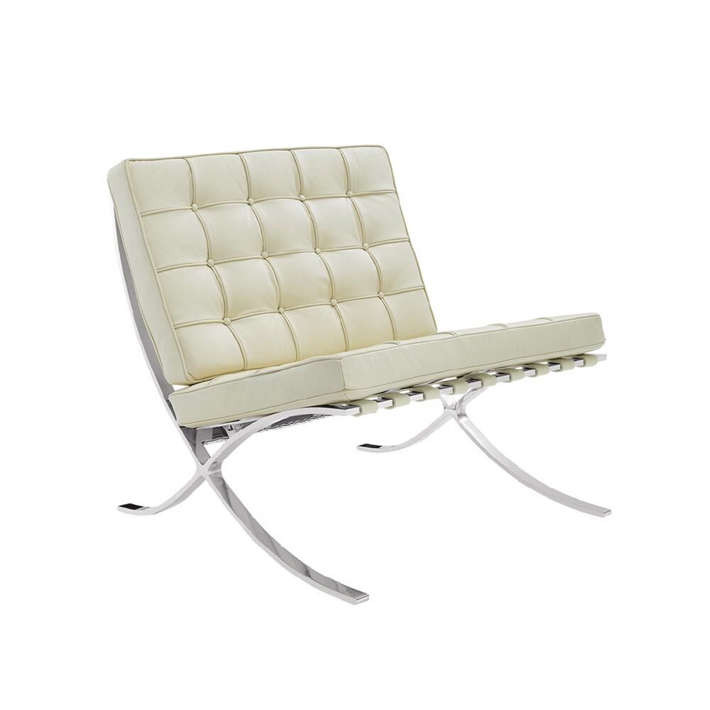 Fauteuil Ranella Crème met crème leer, gewatteerde kussens en chromen sledeframe