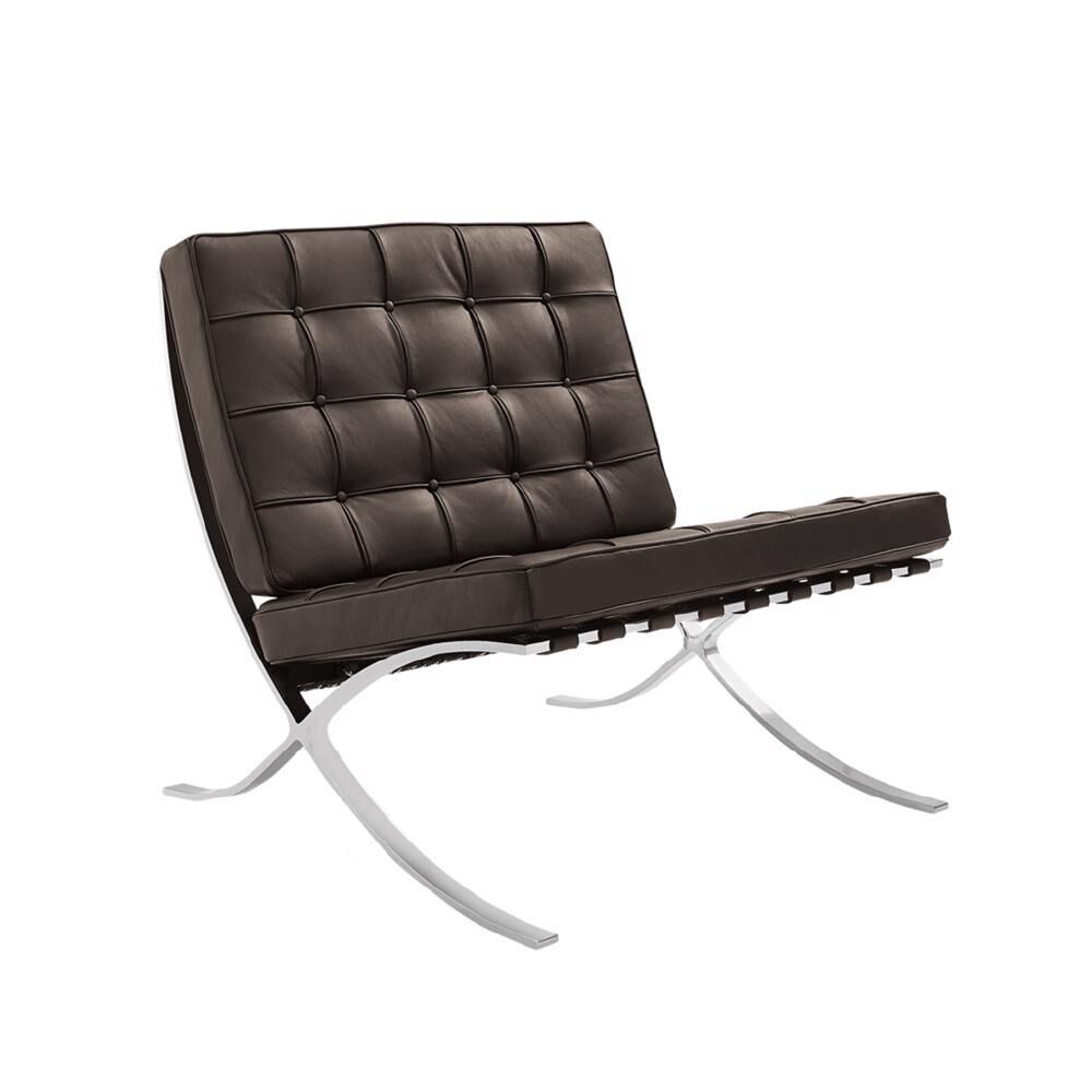 Fauteuil Beernaro met donkerbruin leer, gecapitonneerde kussens en glanzend RVS-frame