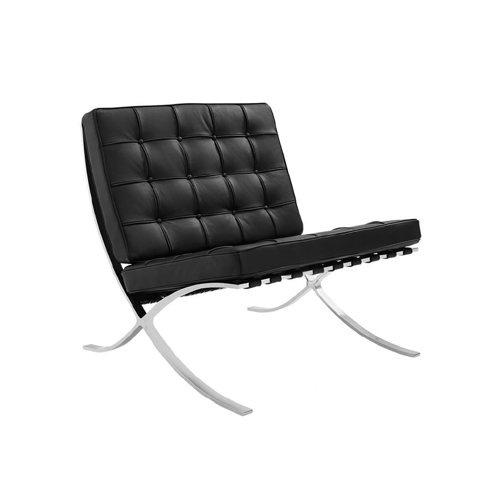 Fauteuil Flielan zwart leer met gepolijst chromen frame en strak tufted design
