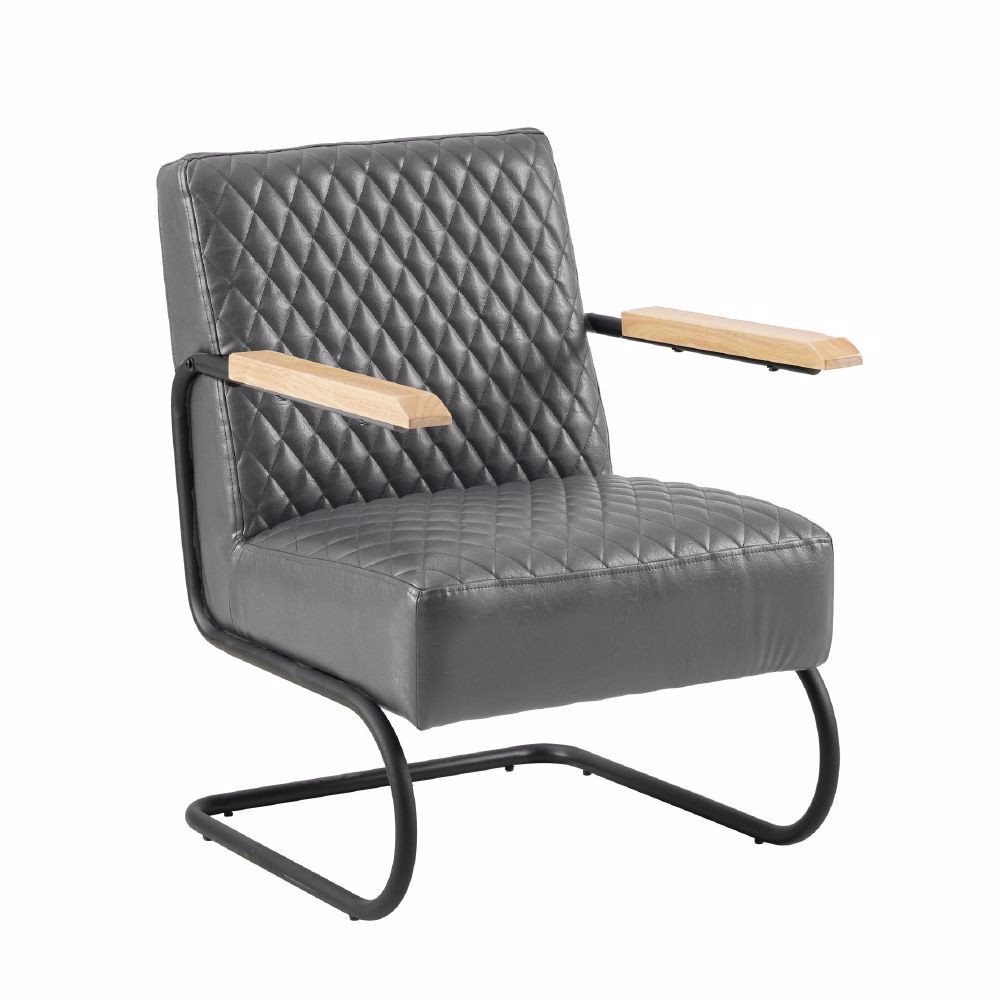 Fauteuil Trielvi Antraciet met ruitstiksel, metalen frame en houten armleggers in industriële stijl