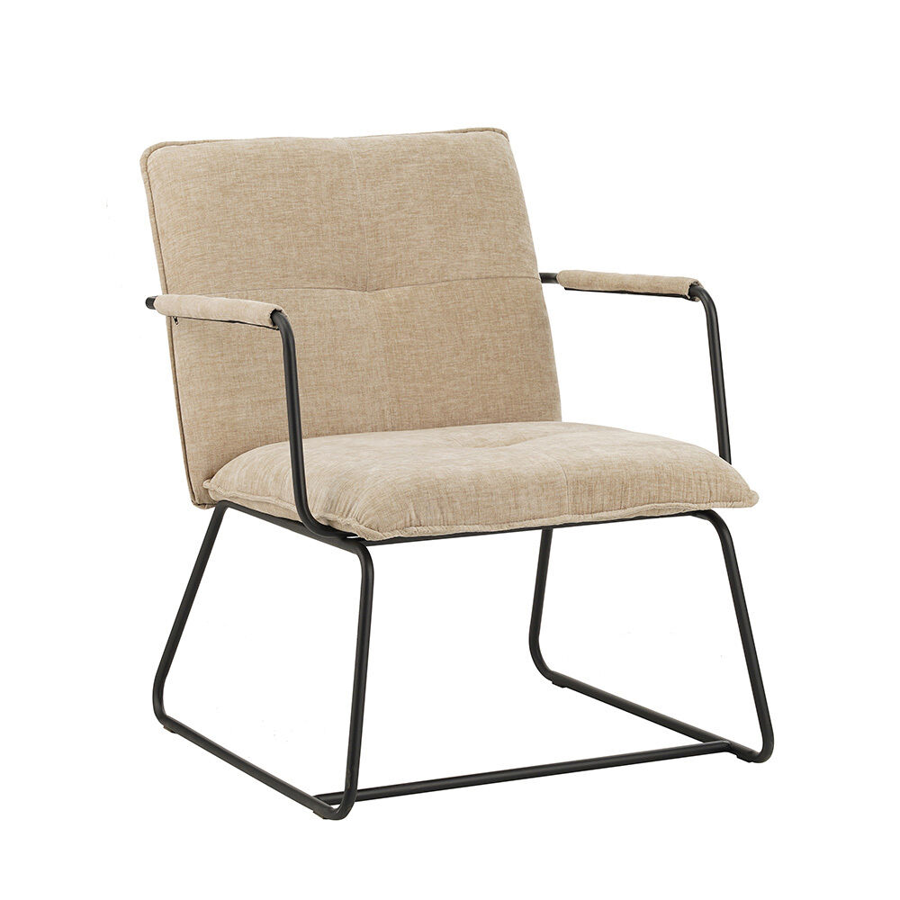 Fauteuil Viola chenille beige met zwarte metalen sledeframe en comfortabele zachte zitting