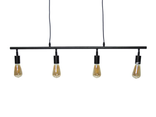 Hanglamp Laubea Zwart met slank zwart frame en vier open lichtpunten met amberkleurige lampen