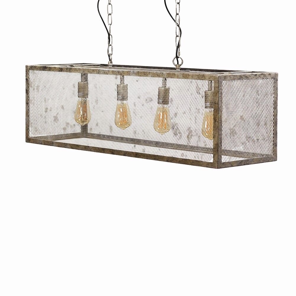 Hanglamp Klesand Zilver met rechthoekig rasterframe en 4 lampen, industrieel design in geborsteld zilver