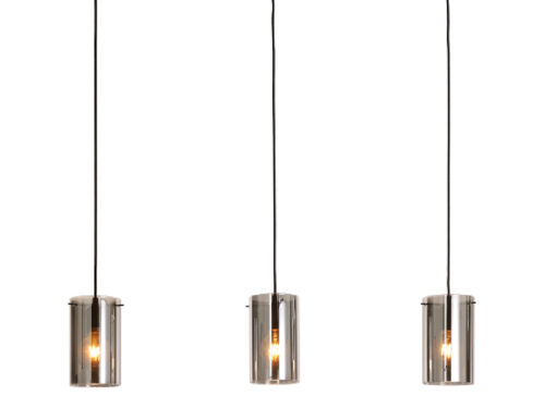 Hanglamp Klammos Grijs met 3 smokey grijze glazen kappen en zwart metalen frame