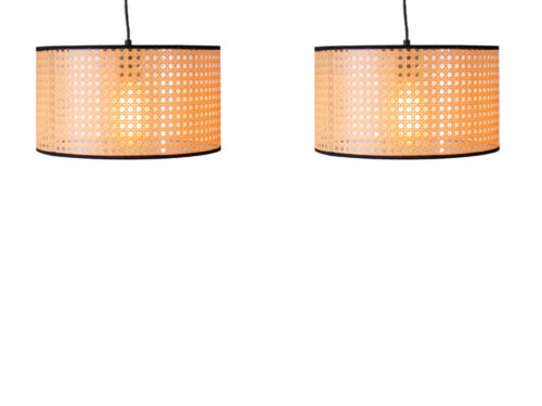 Hanglamp Jeintum Zwart met rotan-look kap en zwart metalen frame, modern en warm in duo-opstelling