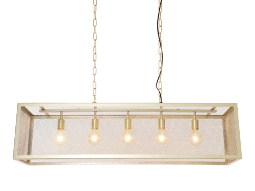 Hanglamp Grommund Goud, industriële goudkleurige 5-lichts hanglamp met rechthoekig metalen frame en kettingen