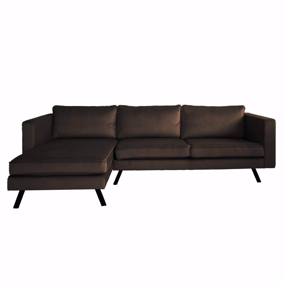Hoekbank Laaskon Bruin, stoere L-vormige bank met bruine velours bekleding en zwarte poten