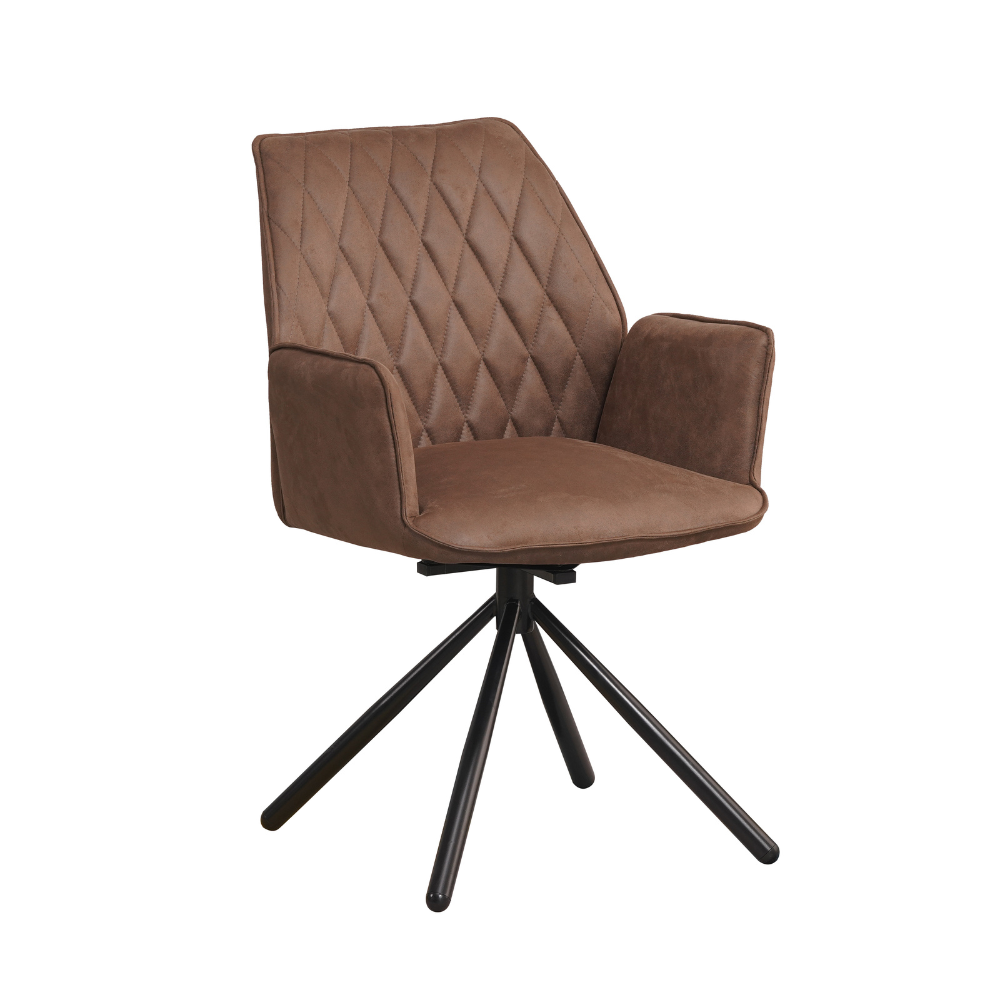 Stoel Neissea Taupe met armleuningen, stiknaden en draaibare zwarte poot, industrieel design