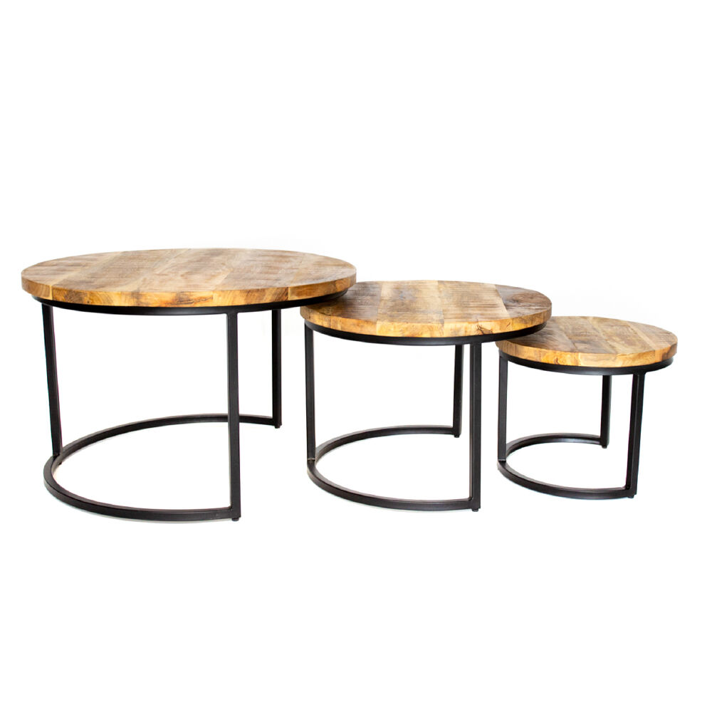Salontafel Siestano zwart Ø77 cm set van 3, mangohout met zwart stalen frame, nestbaar ontwerp