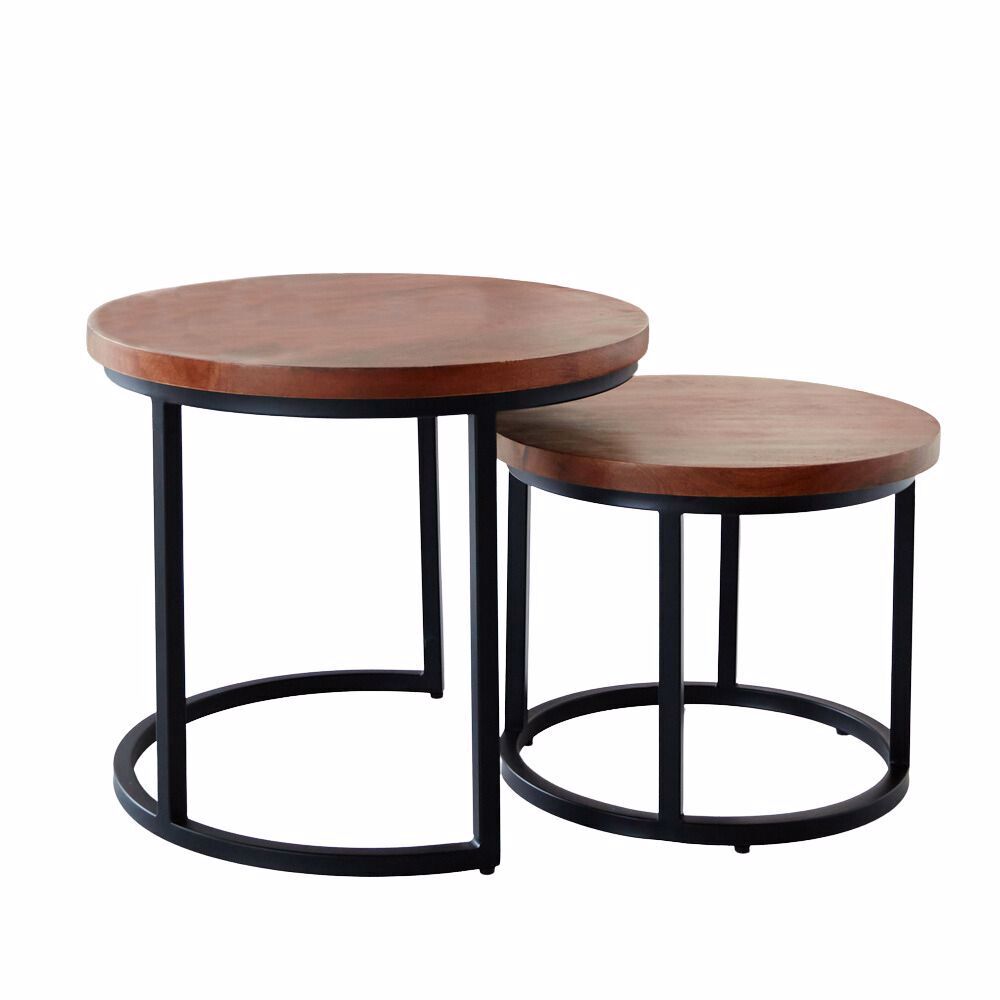 Salontafel Brorrura Zwart Ø53 cm, nestbare set met mangohouten bladen en zwart stalen frame