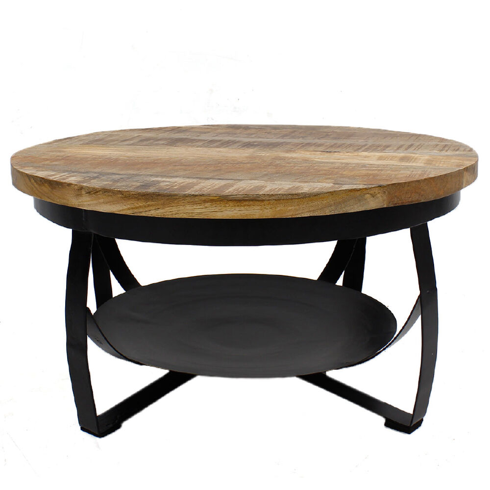 Salontafel Sloommino Metaal 90 cm met rond mangohouten blad, zwart stalen frame en handig onderblad