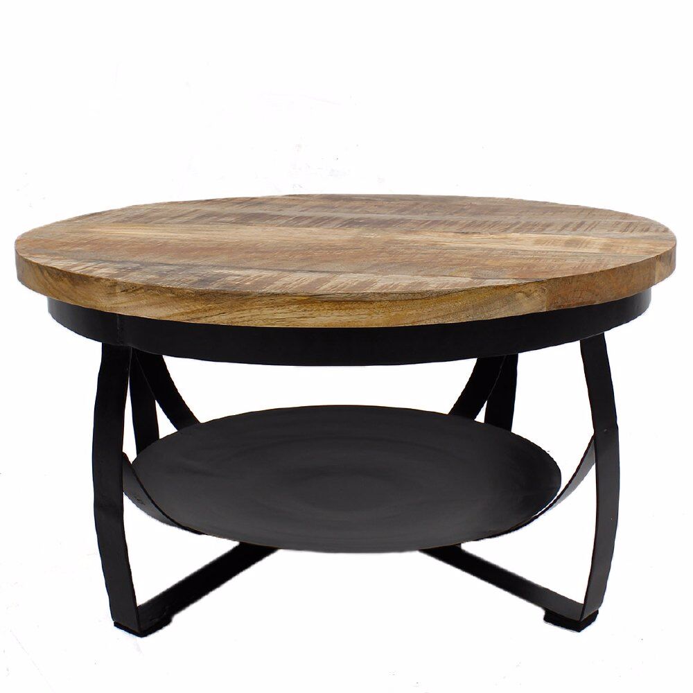 Salontafel Viedum met mangohouten blad, zwart stalen frame en praktisch onderblad, 70 cm rond