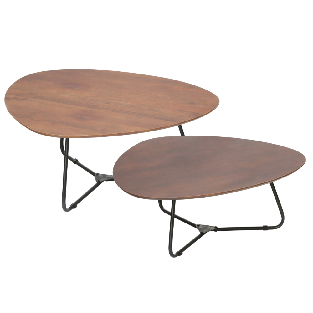 Salontafel Ceeto set van 2 organische mangohouten tafels in walnootfinish met zwart metalen onderstel