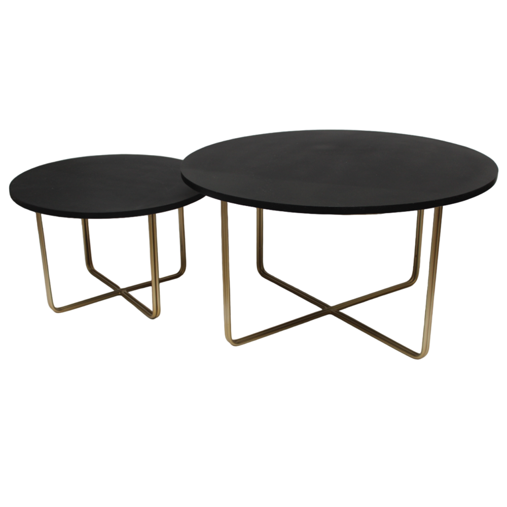 Salontafel Warffum set van 2 met ronde zwarte bladen en messingkleurig metalen frame