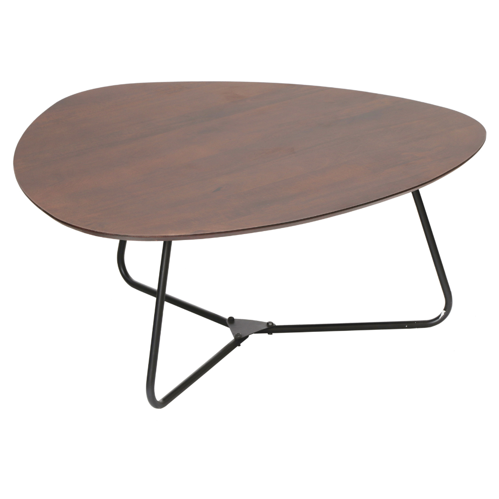Salontafel Elba mangohout met donkere walnootfinish en zwart metalen frame, organische vorm