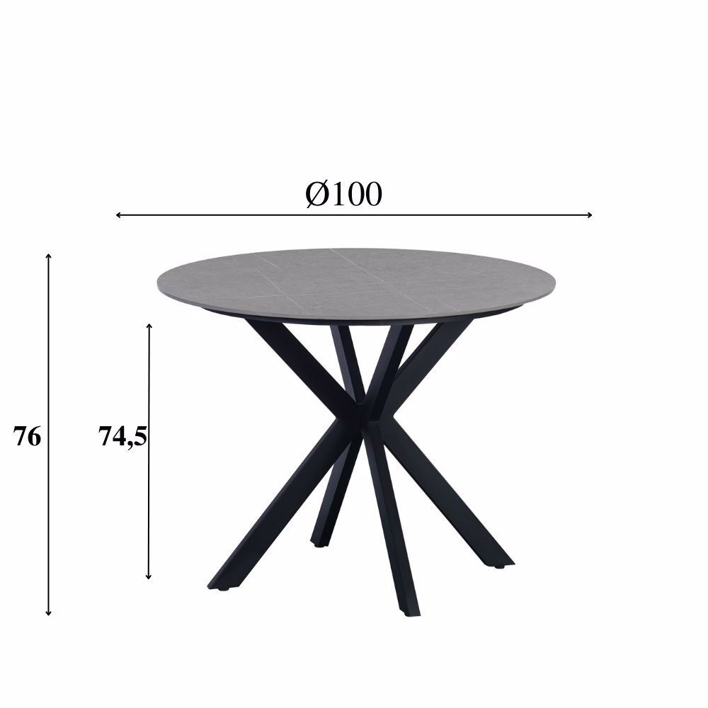 Eettafel Sausone Grijs, ronde tafel Ø100 cm met grijs marmerlook blad en zwarte kruispoot