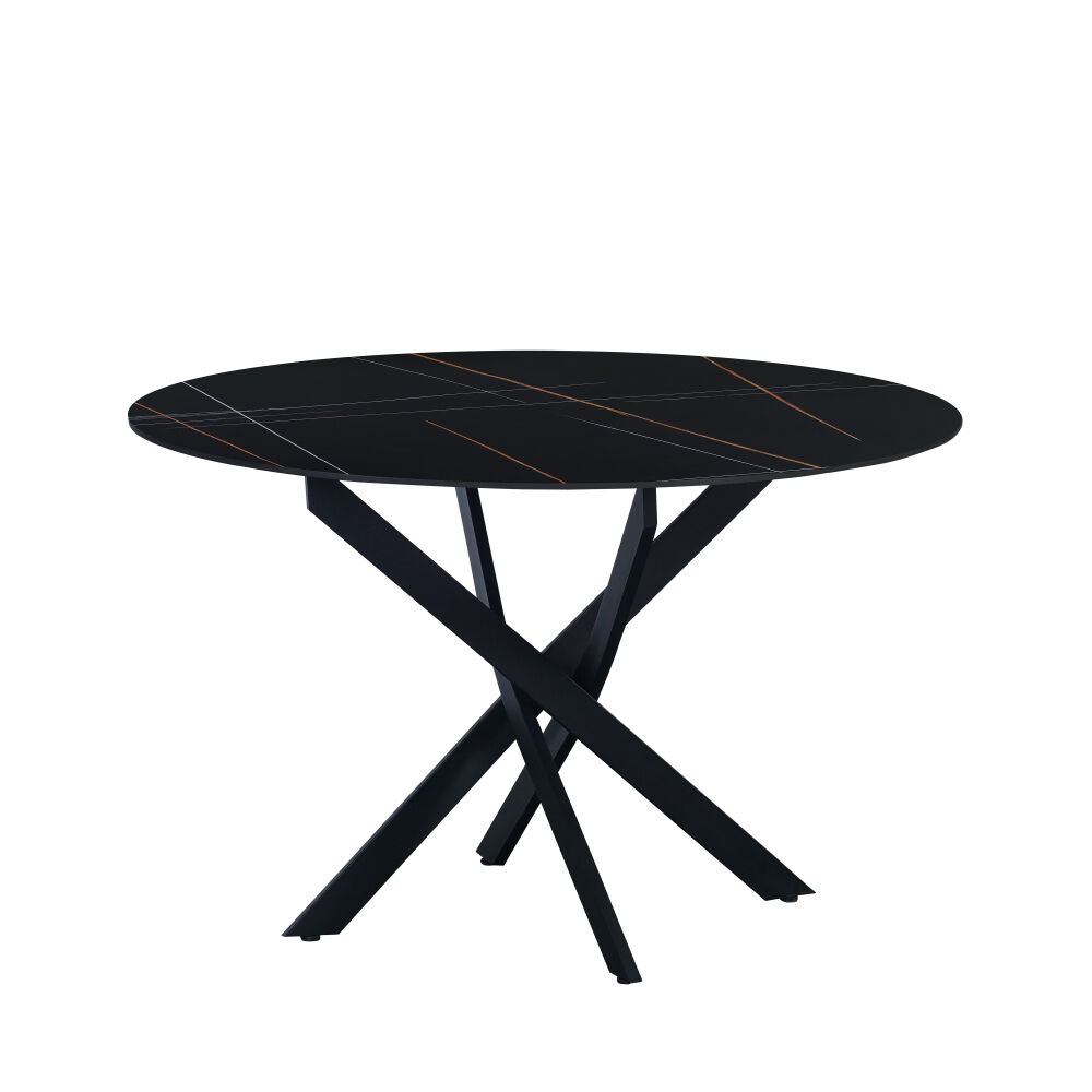 Eettafel Tundak Zwart 110 cm met rond marmerlook blad en stevig zwart spinpootonderstel