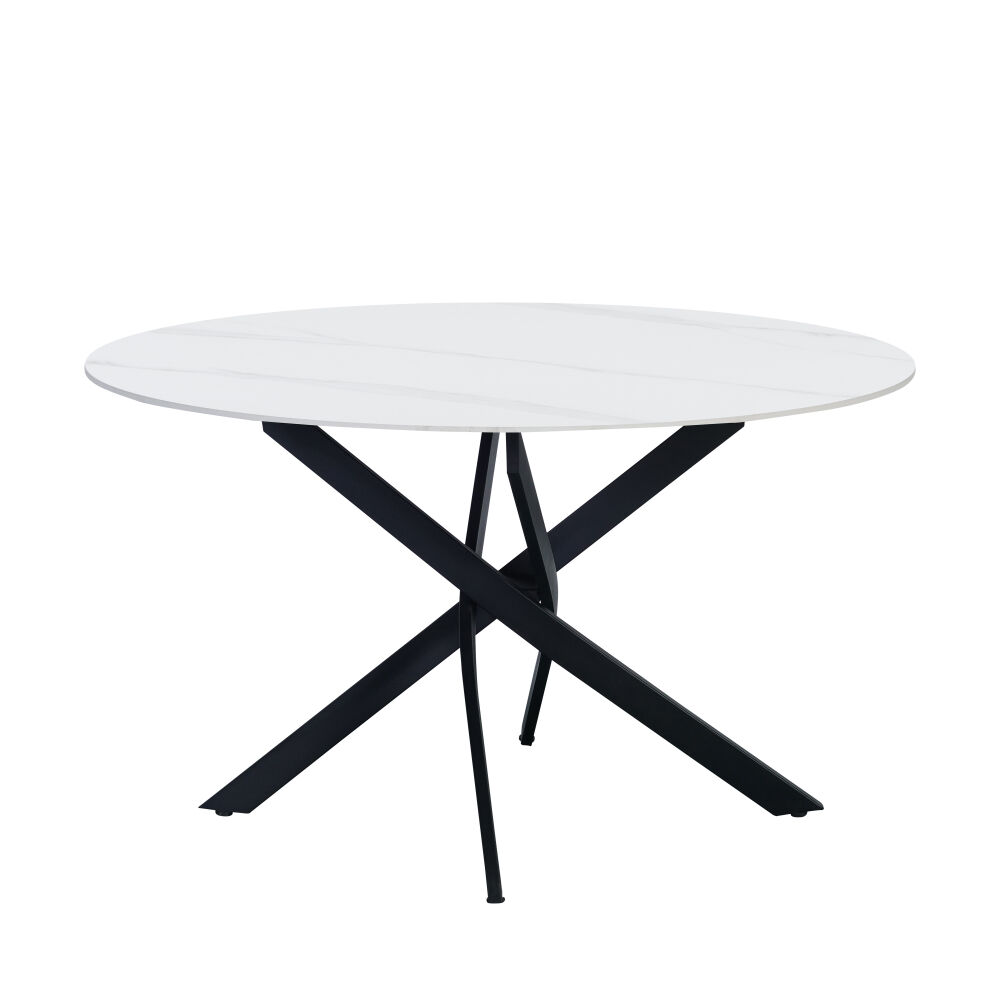 Eettafel Prarnil Wit 120 cm met ronde wit marmerlook tafelblad en zwart spinpootonderstel